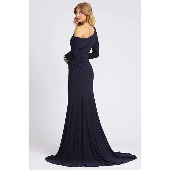 MAC DUGGAL One-Shoulder Long Sleeve Jersey Gown in Midnight Size US 14 - Picture 4 of 15